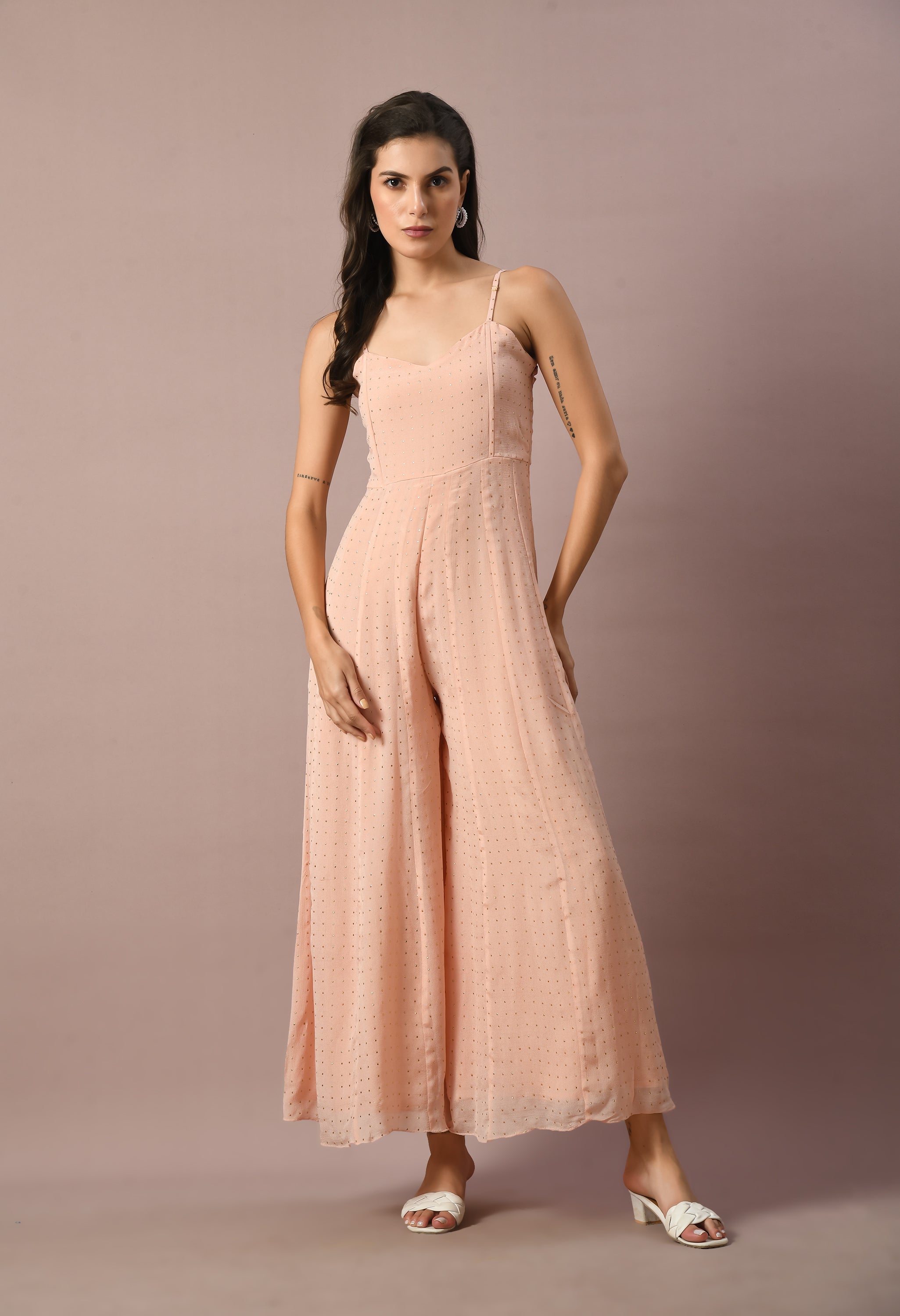 Peach Chinon Mukaish Jumpsuit with Shrug