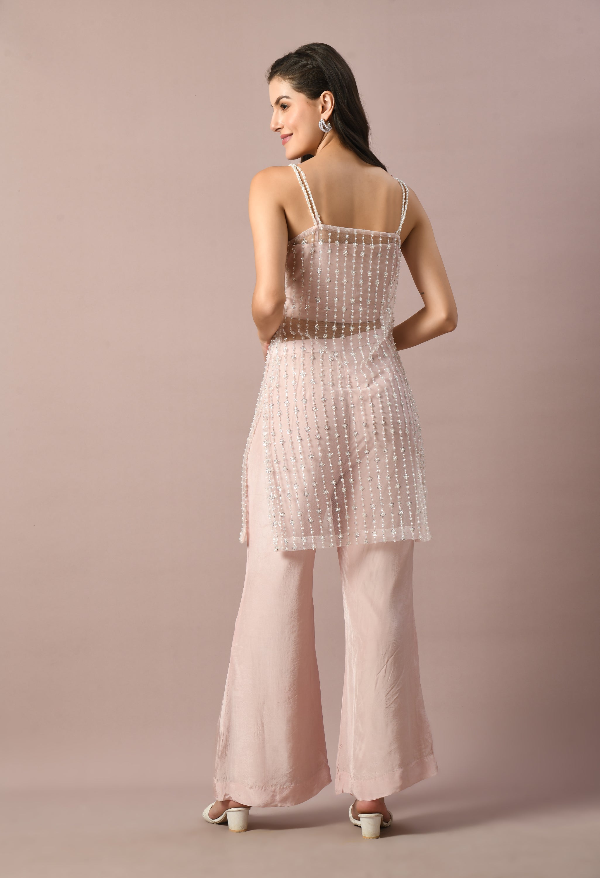 Baby Pink Embroidered Net Suit with Crop Top & Trouser