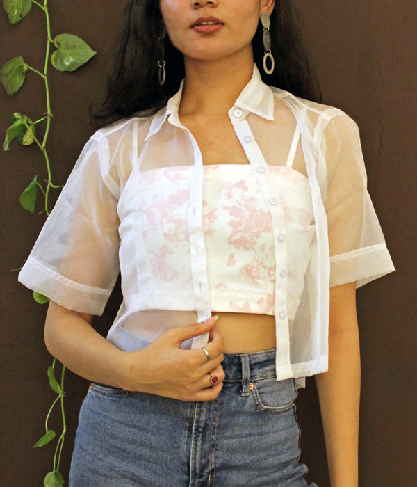 Organza Lace Sheer Crop Top - White