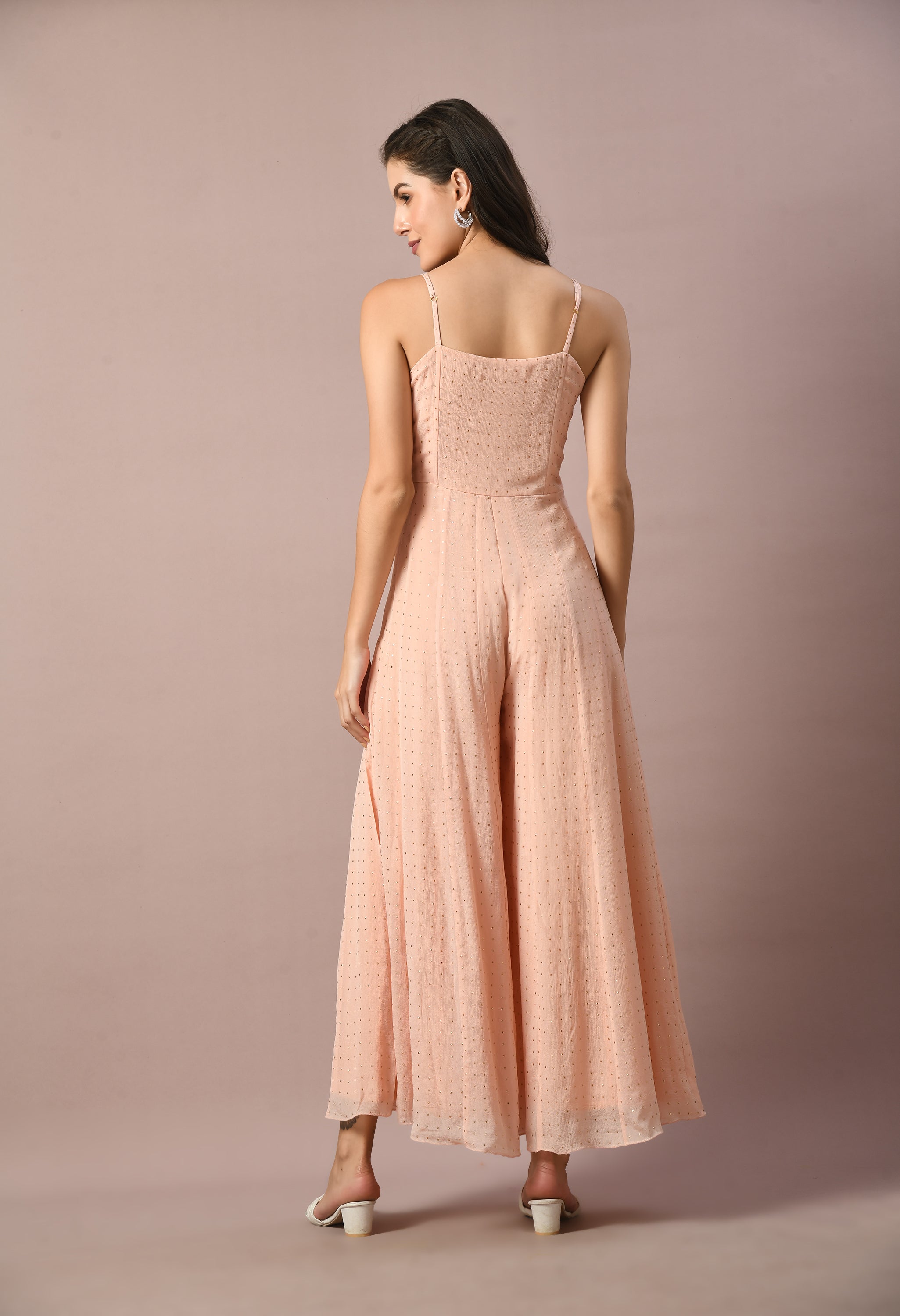 Peach Chinon Mukaish Jumpsuit with Shrug