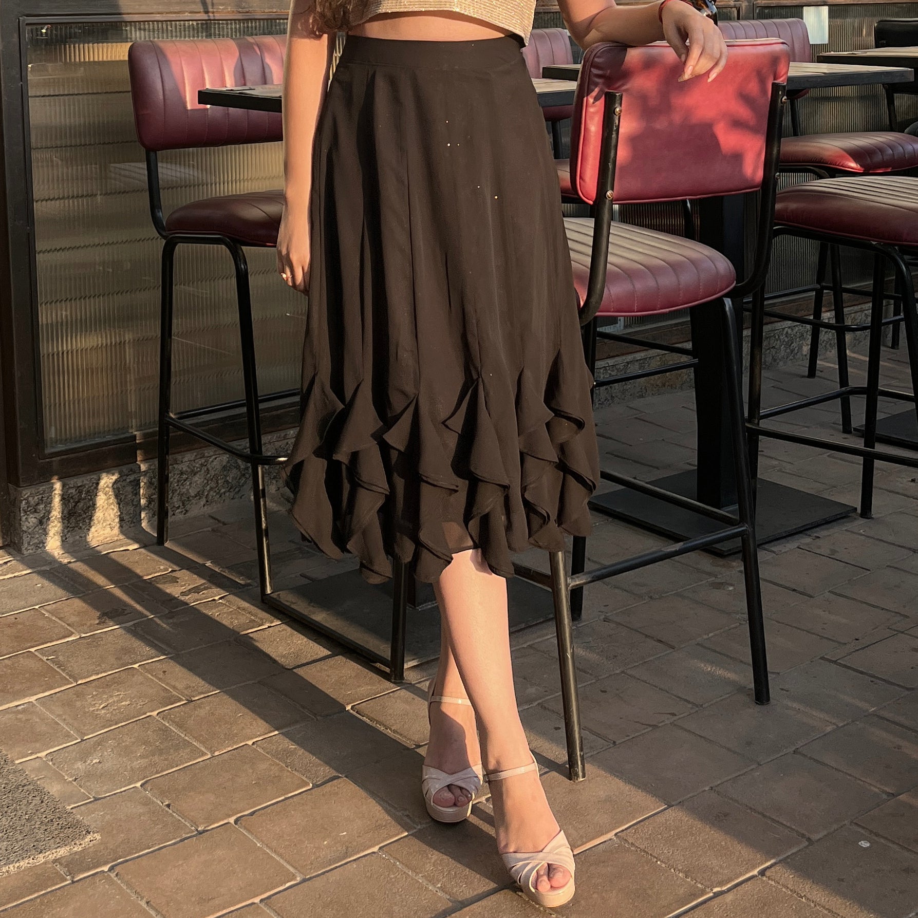 Black Georgette Ruffle Midi Skirt