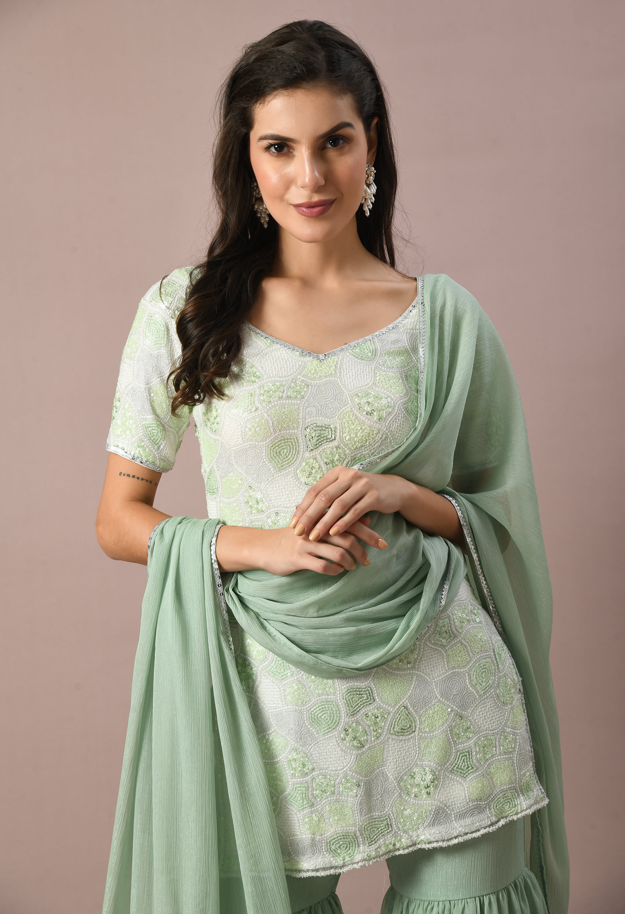 White-Green Gharara Set