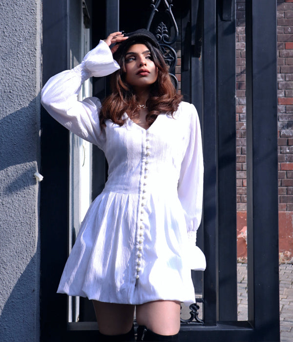 White Pleated Shirt Dress