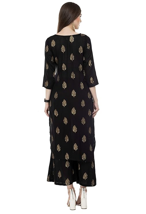 Black Foil Print Straight Kurta Palazzo Set