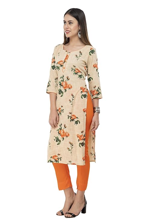 Beige Floral Kurti with Orange Trouser