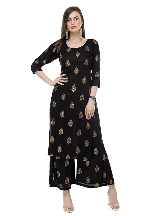 Black Foil Print Straight Kurta Palazzo Set