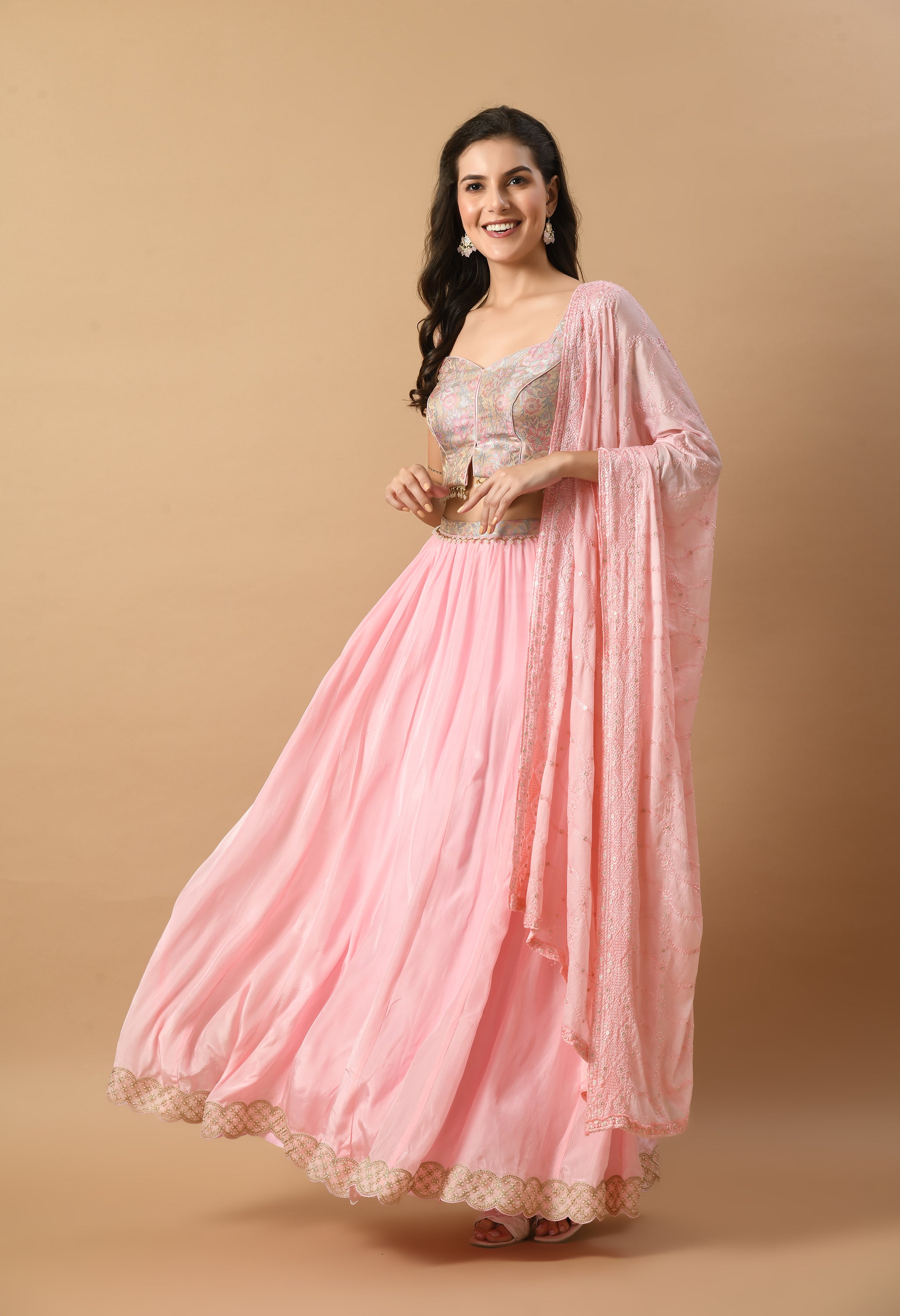 Beige Pink Brocade Lehenga