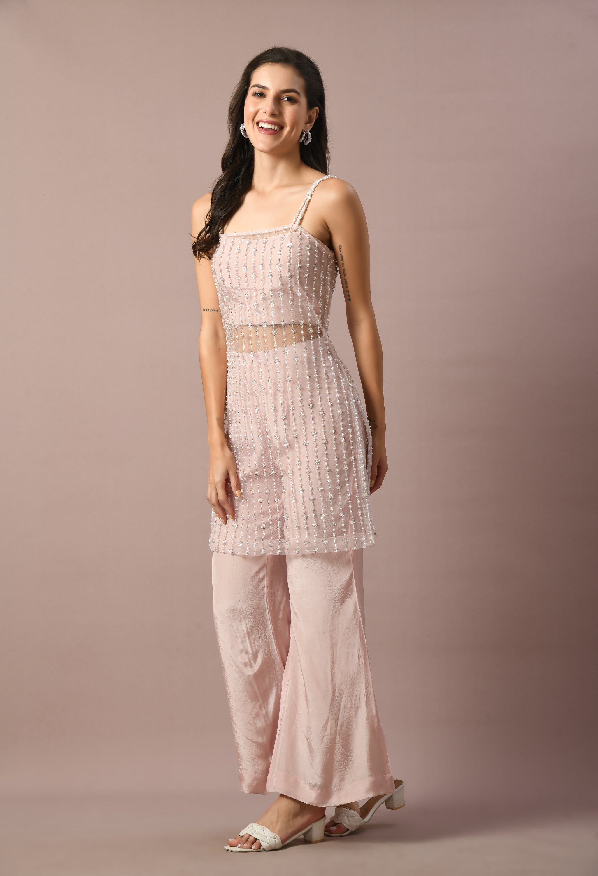 Baby Pink Embroidered Net Suit with Crop Top & Trouser