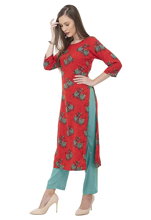 Red Printed Straight Kurti