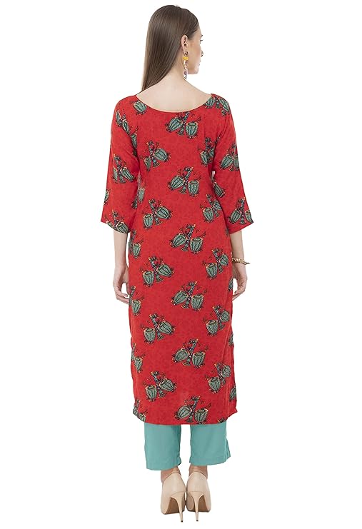 Red Printed Straight Kurti