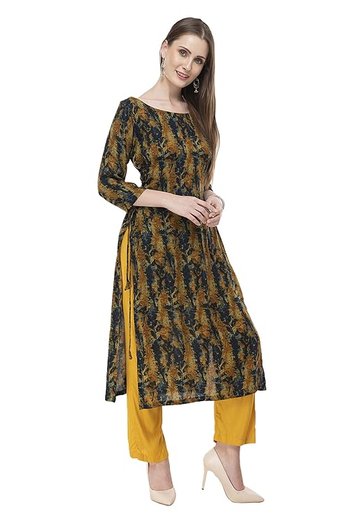 Mustard Printed Straight Kurti