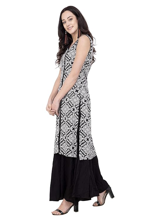 Black & White Printed Sleeveless Straight Kurti