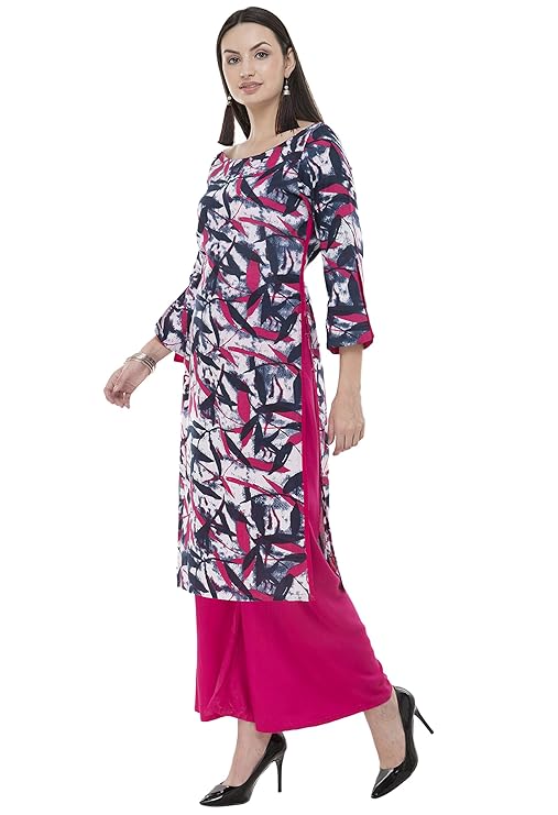 Blue & Pink Printed Straight Kurti