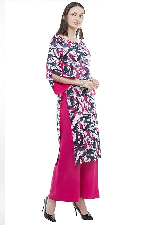 Blue & Pink Printed Straight Kurti