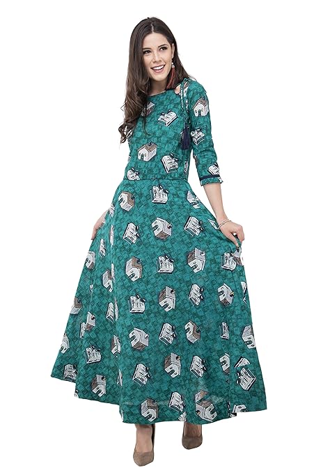 Green Printed A-Line Kurti