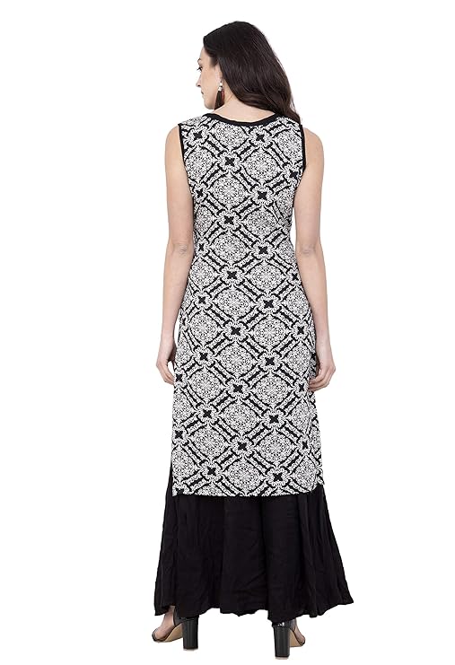 Black & White Printed Sleeveless Straight Kurti