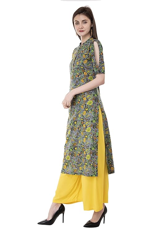 Grey Floral Print Straight Kurti