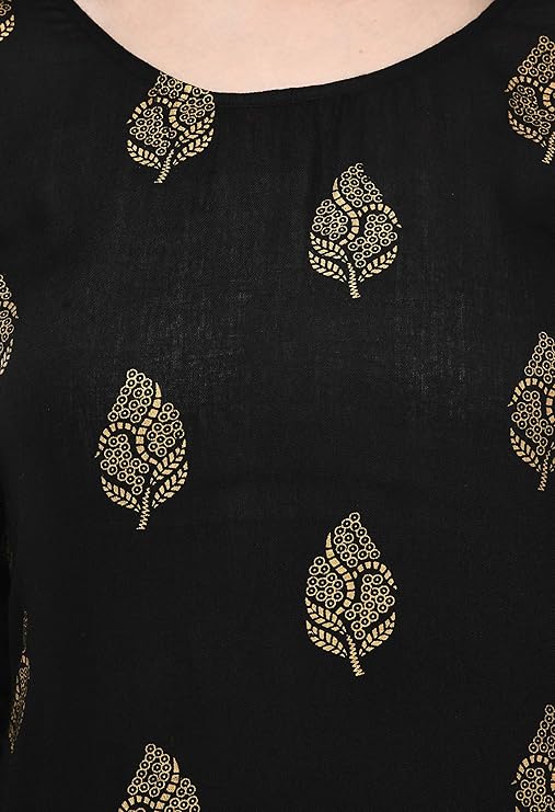 Black Foil Print Straight Kurta Palazzo Set