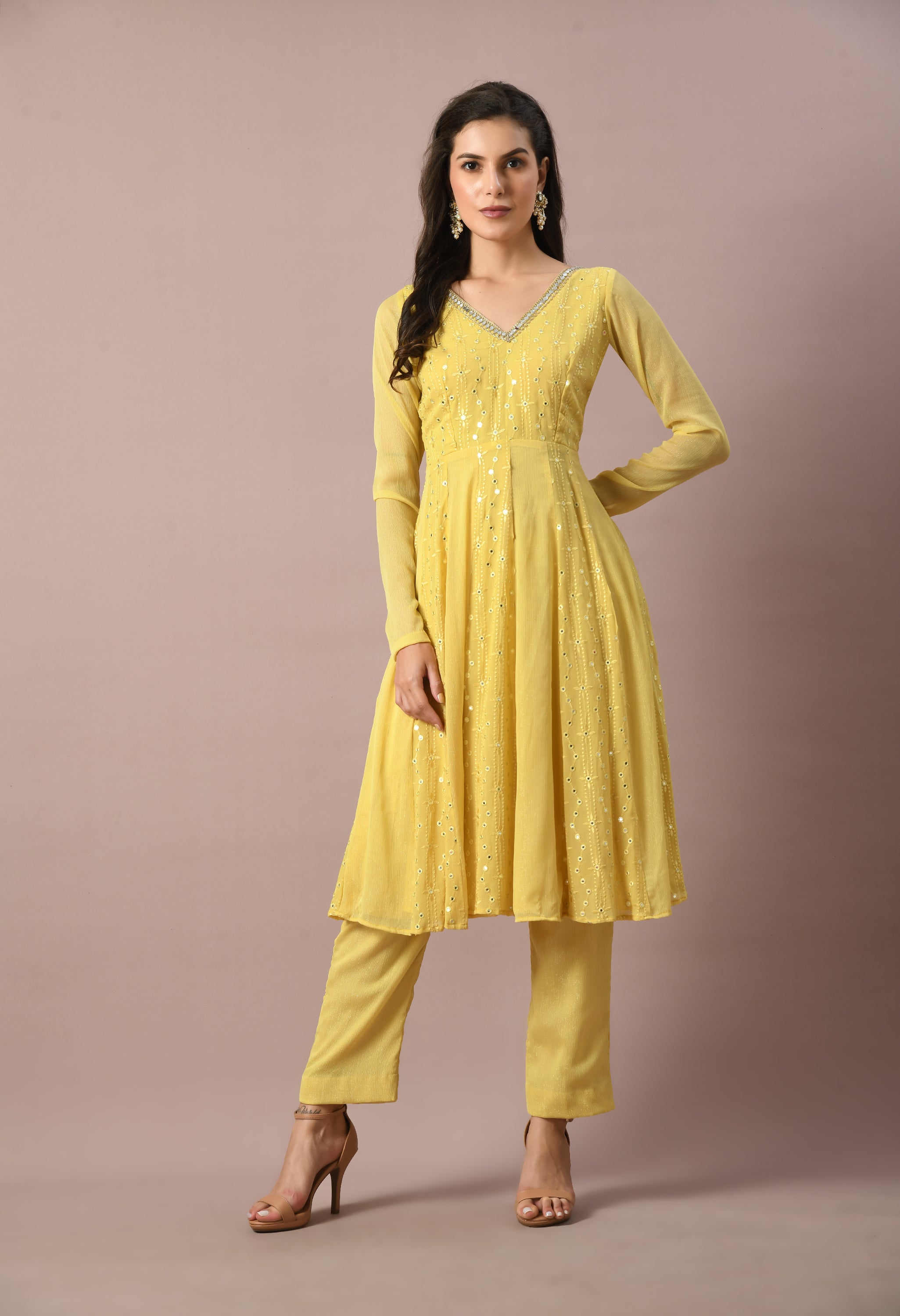 Yellow Mirror Work Anarkali