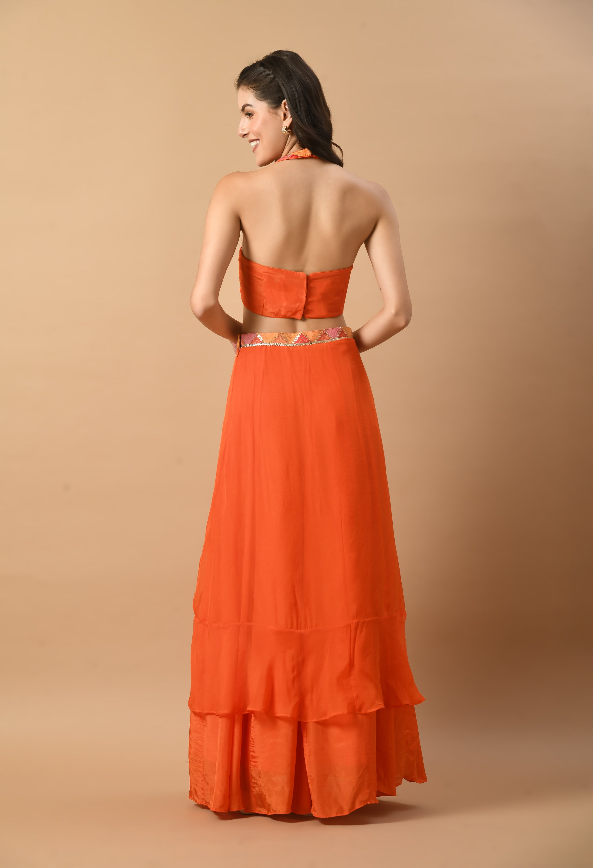 Orange Bandhani Print Blouse with Ruffle Lehenga