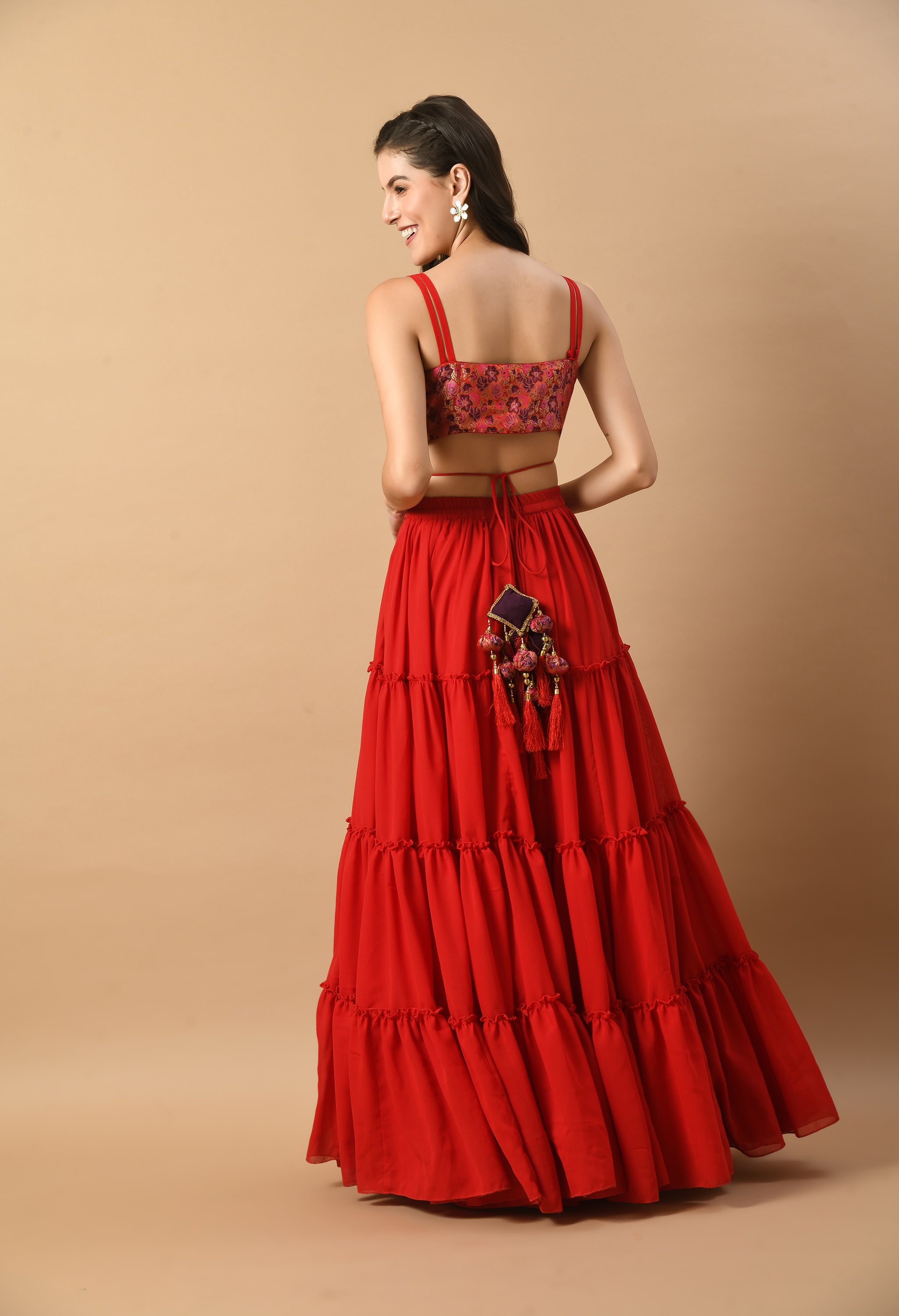 Red Brocade Georgette Tiered Dress