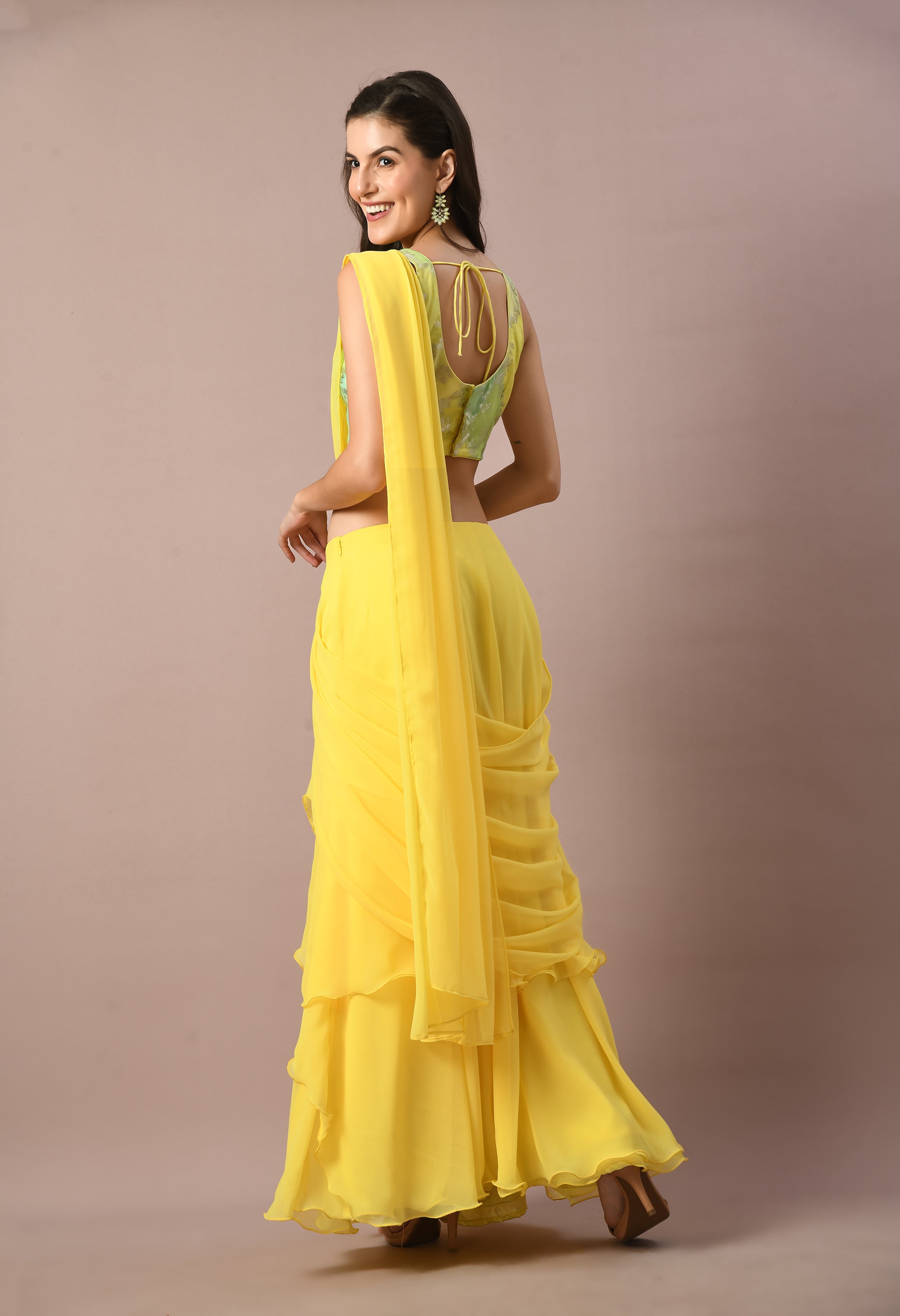 Yellow Georgette Draped Saree with Blouse