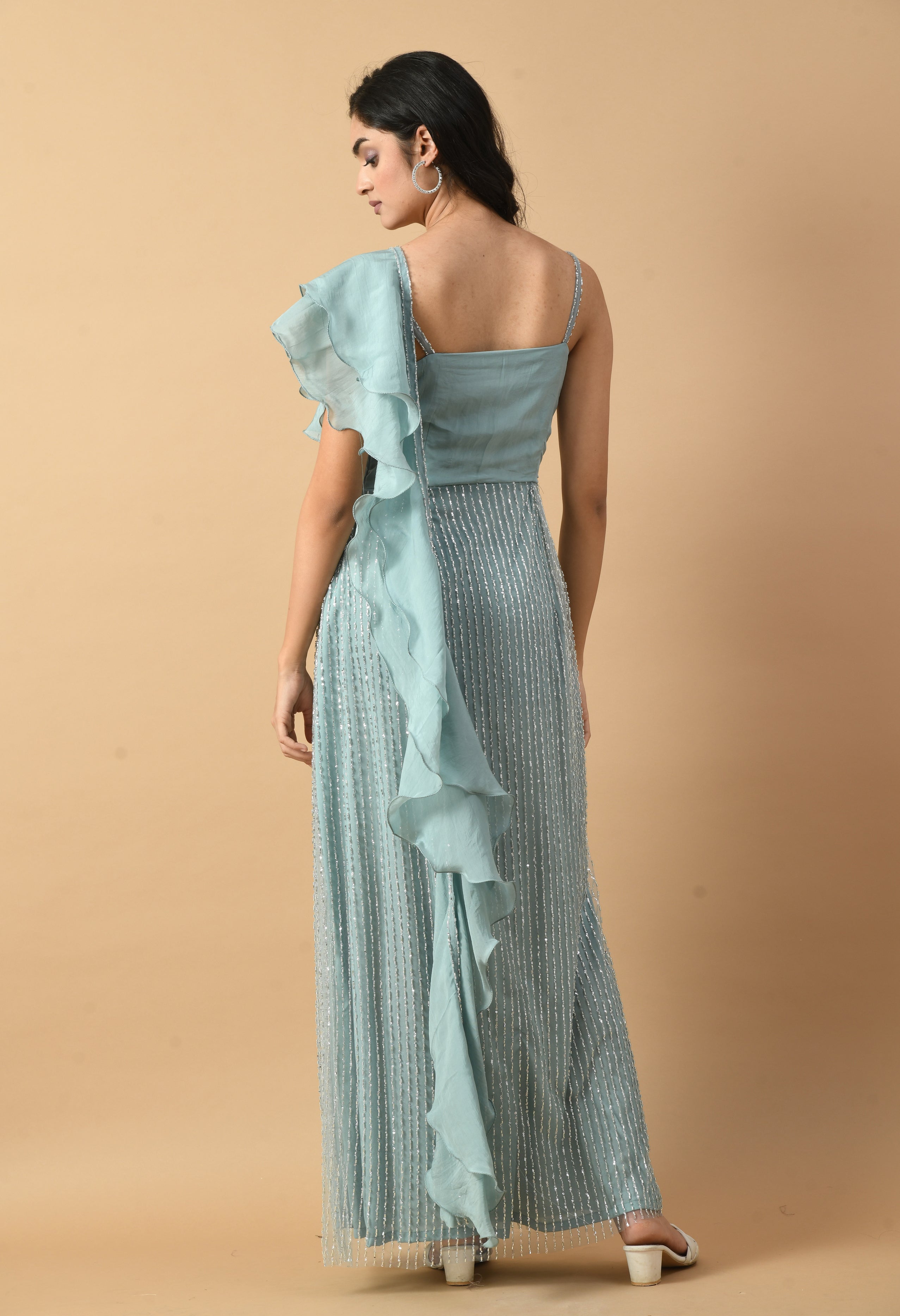 Blue Beaded Net Ruffle Draped Dress