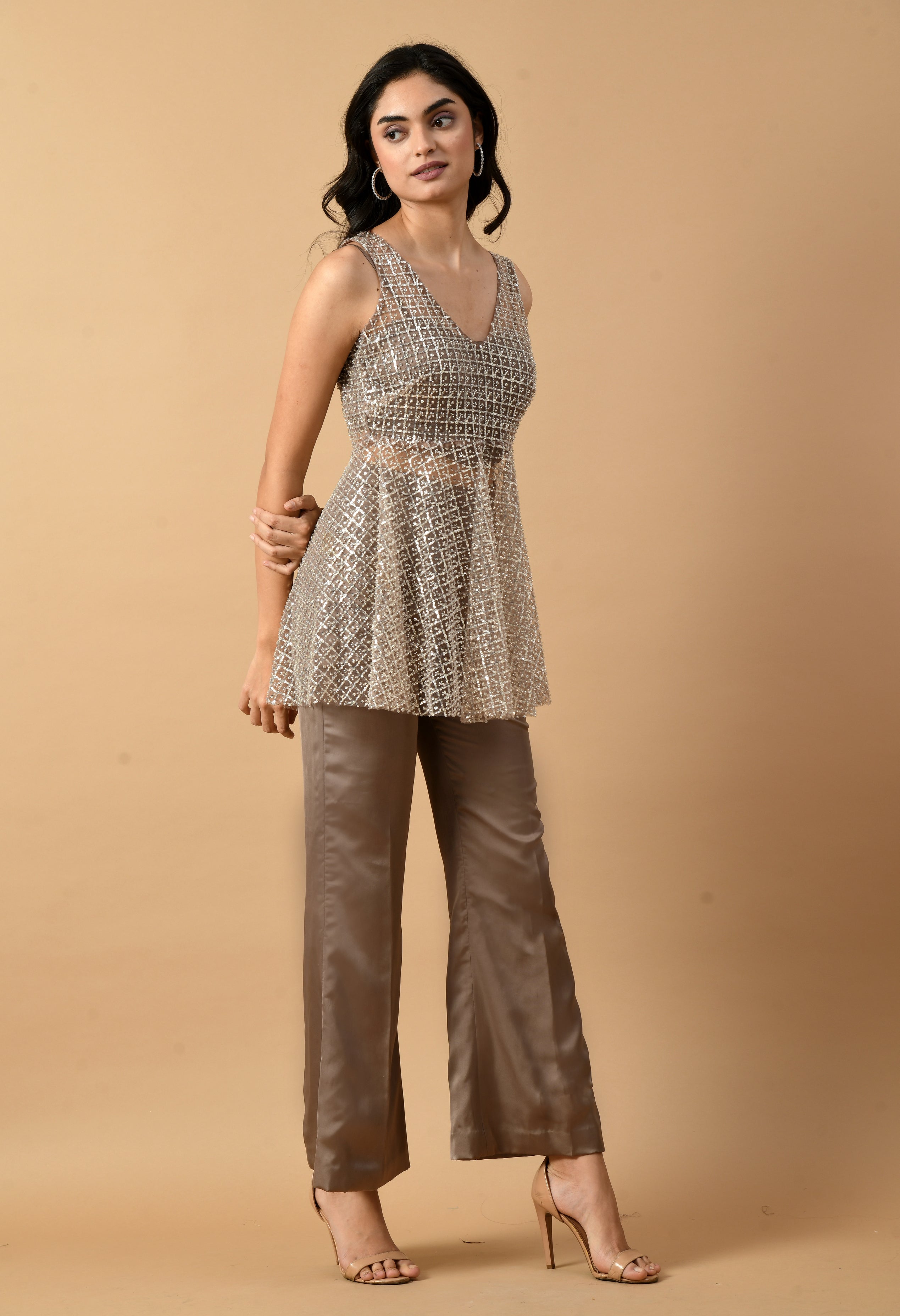 Brownish Grey Satin Co-ord Set with Beaded Shrug