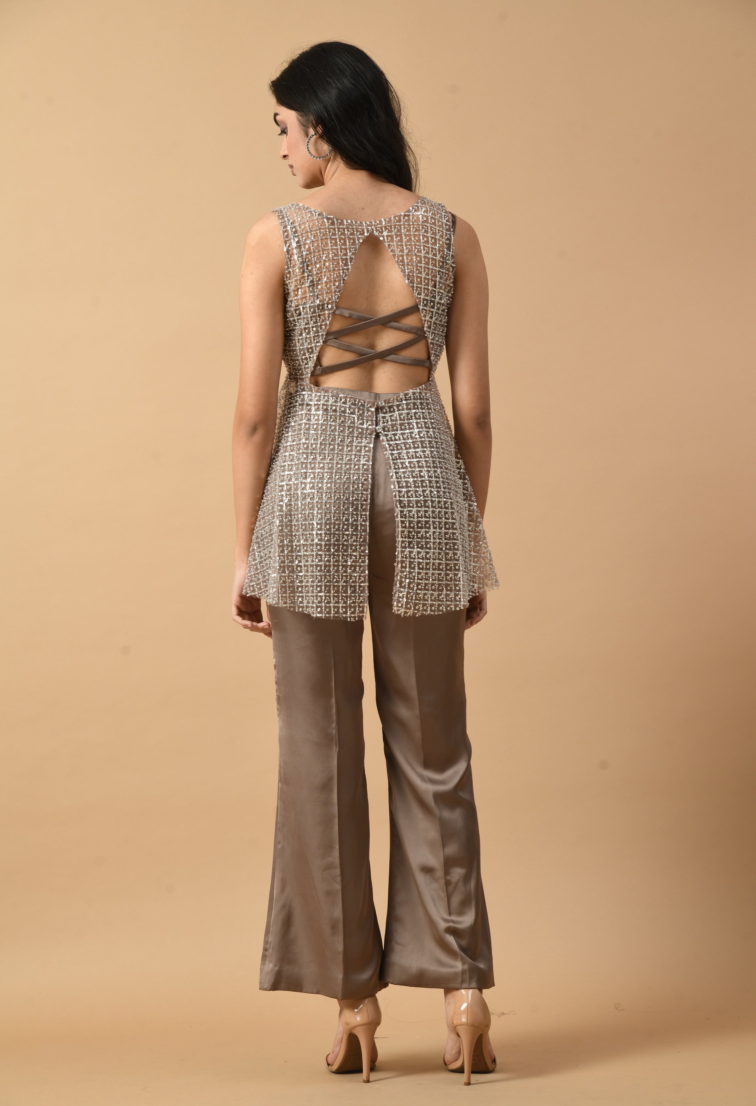 Brownish Grey Satin Co-ord Set with Beaded Shrug