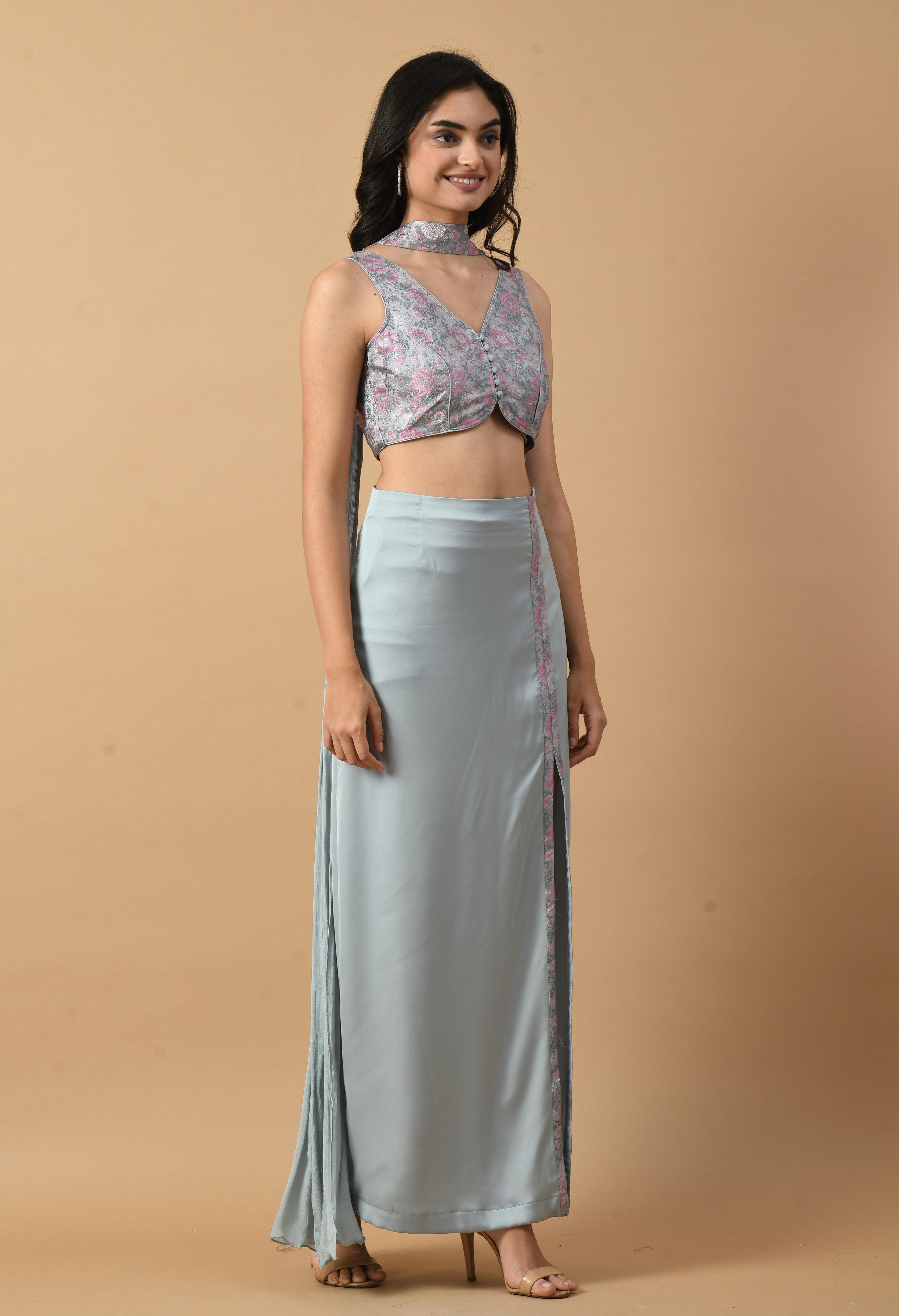 Grey Satin Brocade Co-ord Set