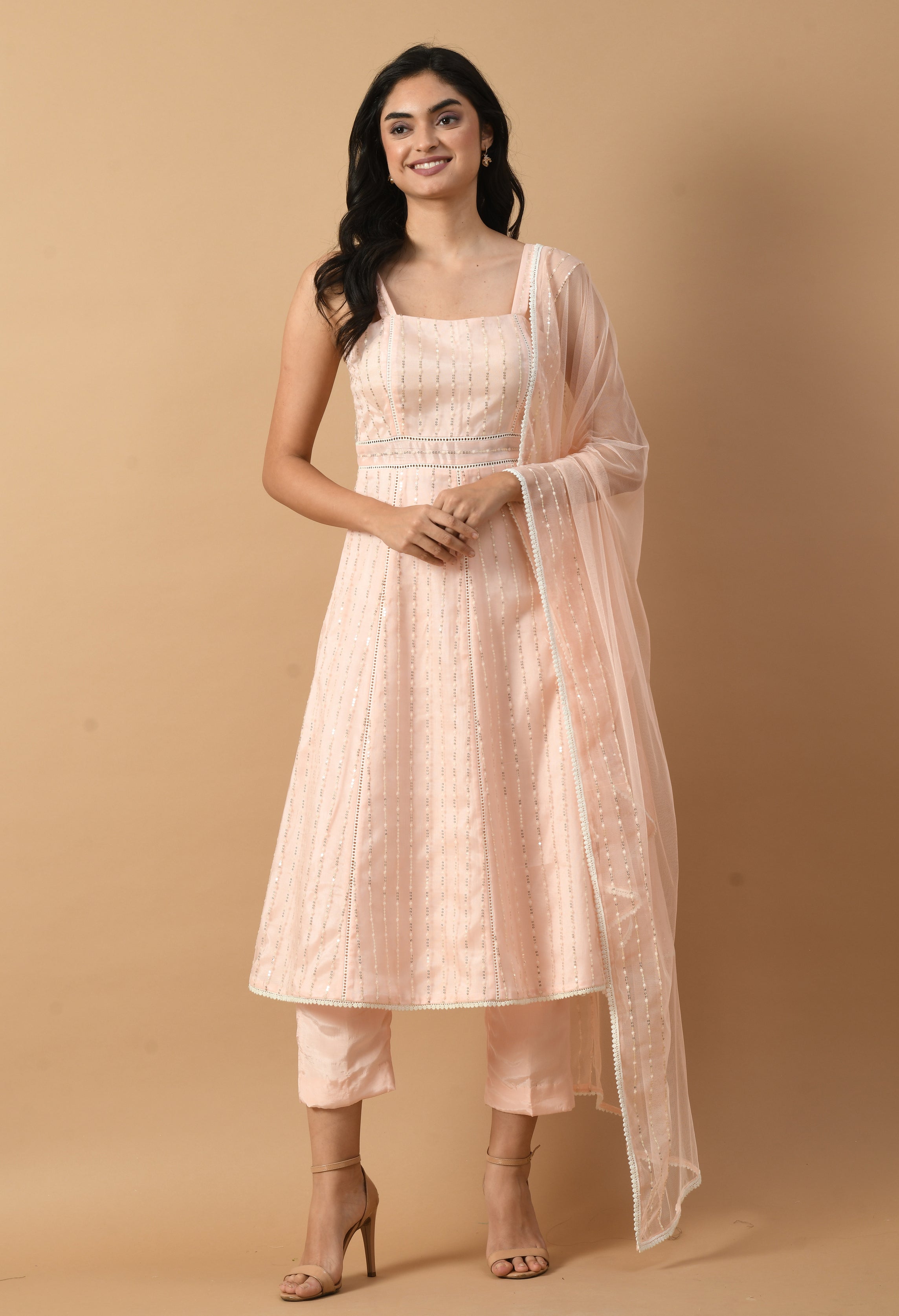 Peach Embroidered Net Anarkali Suit