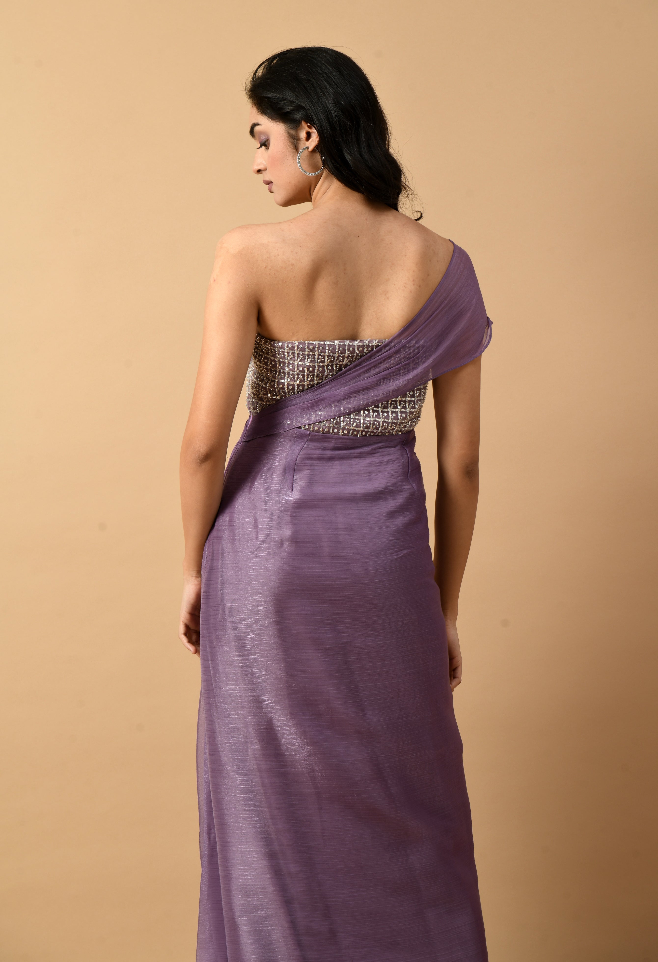 Purple Organza Beaded Draped Dress