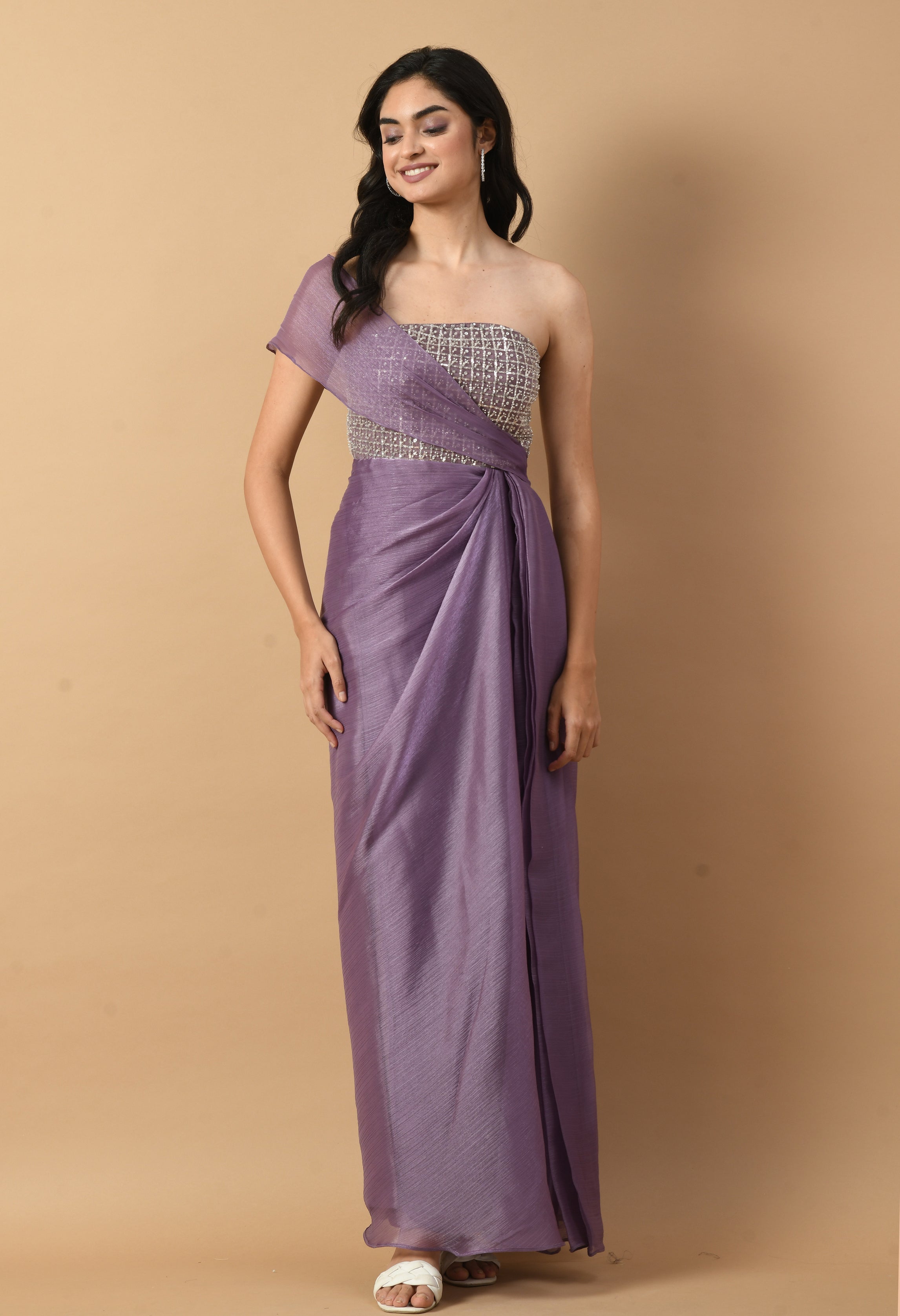 Purple Organza Beaded Draped Dress