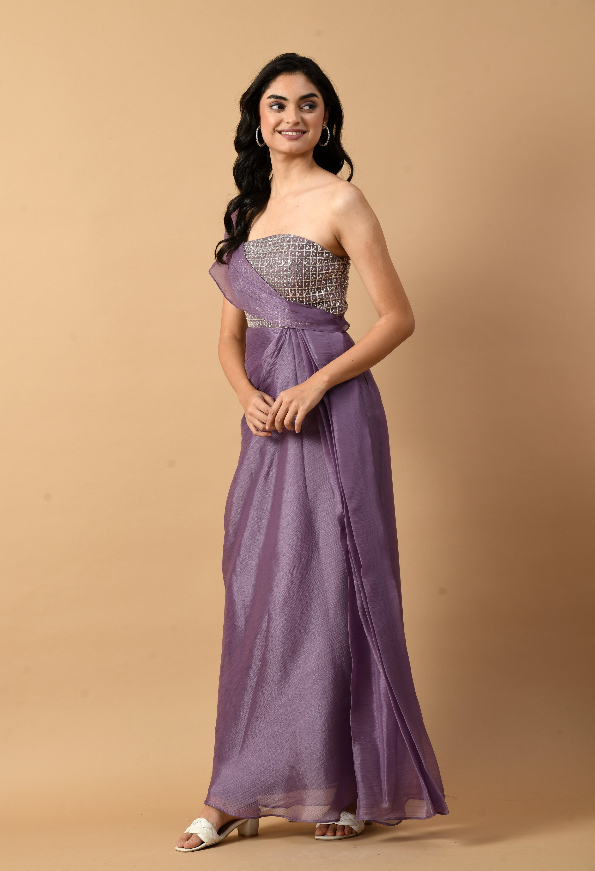 Purple Organza Beaded Draped Dress