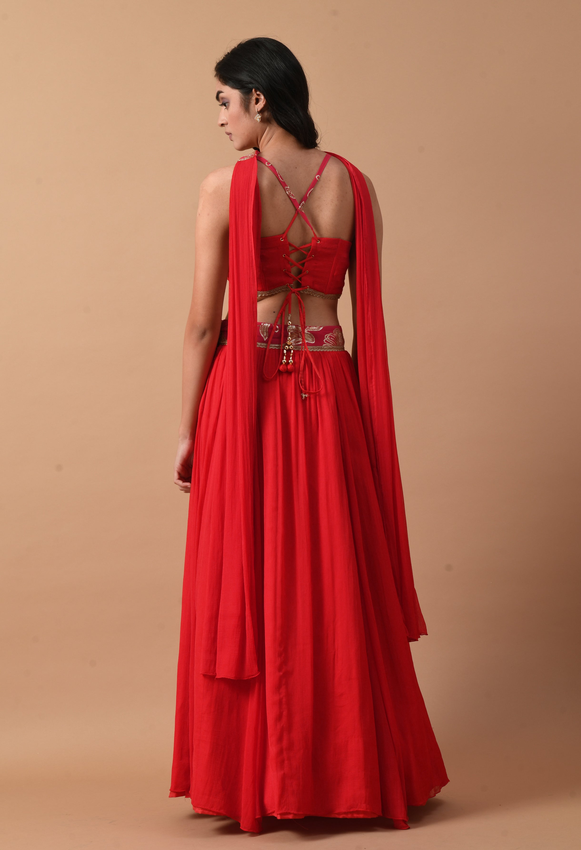 Red Chiffon Corset Blouse with Lehenga