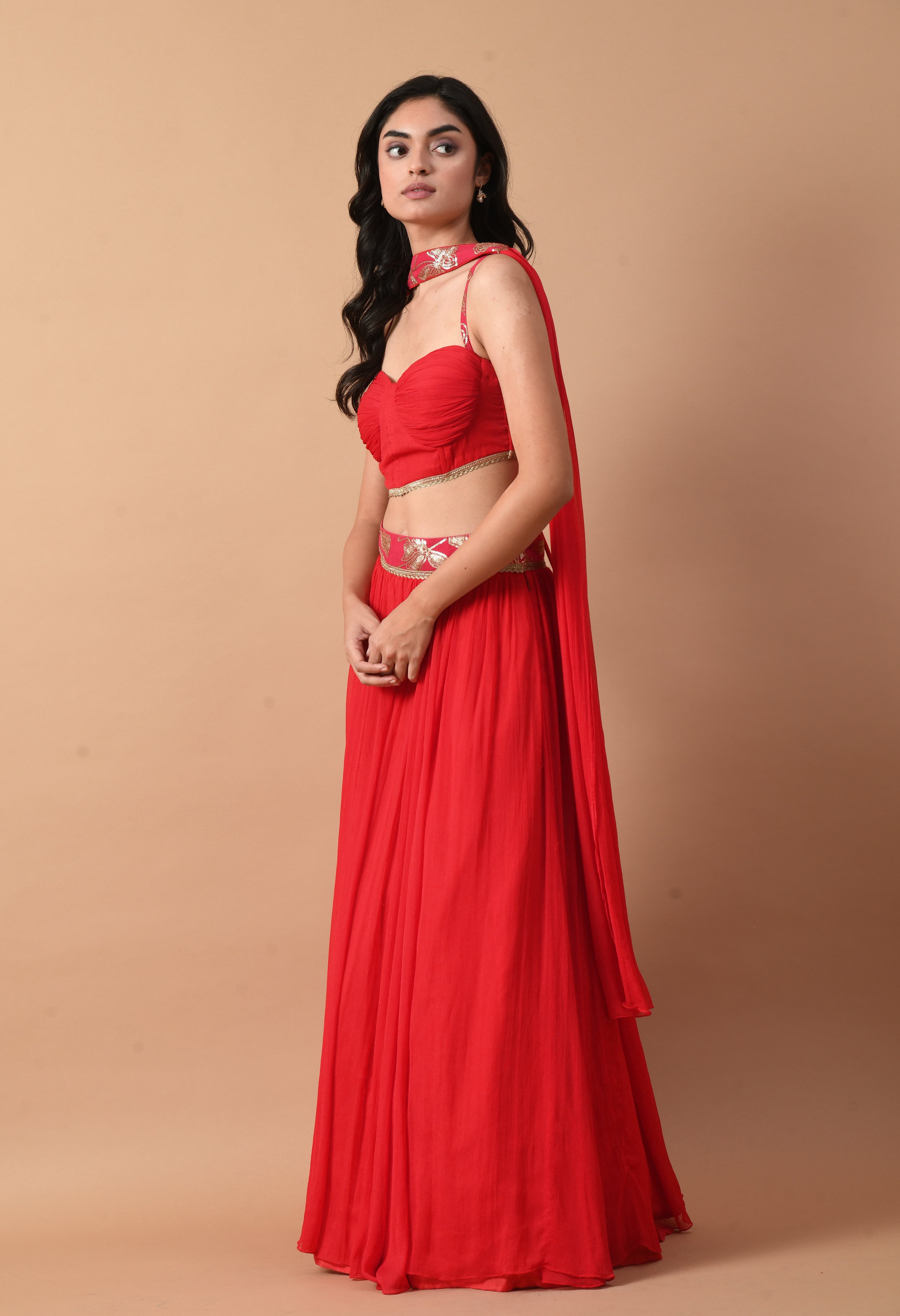 Red Chiffon Corset Blouse with Lehenga