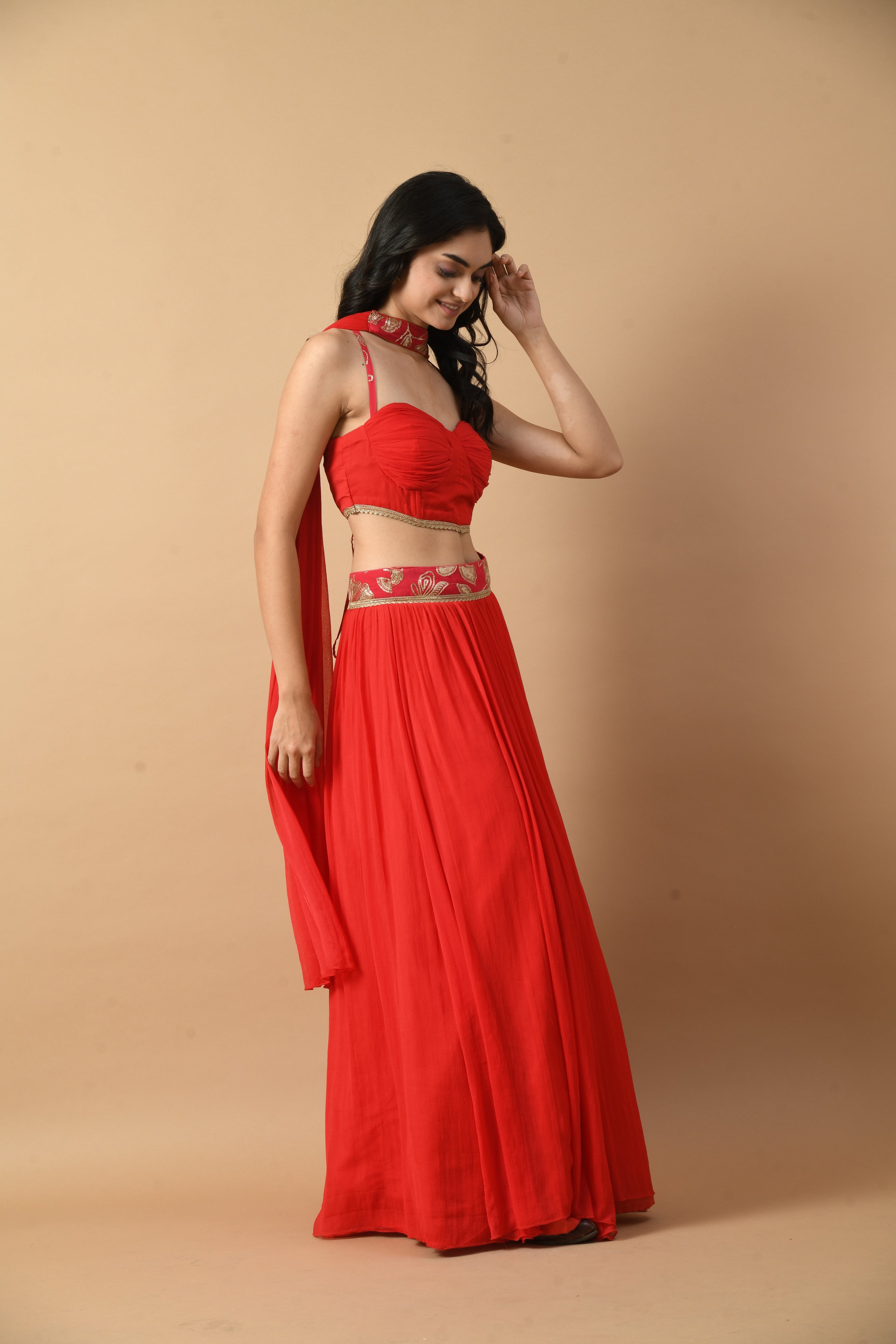 Red Chiffon Corset Blouse with Lehenga