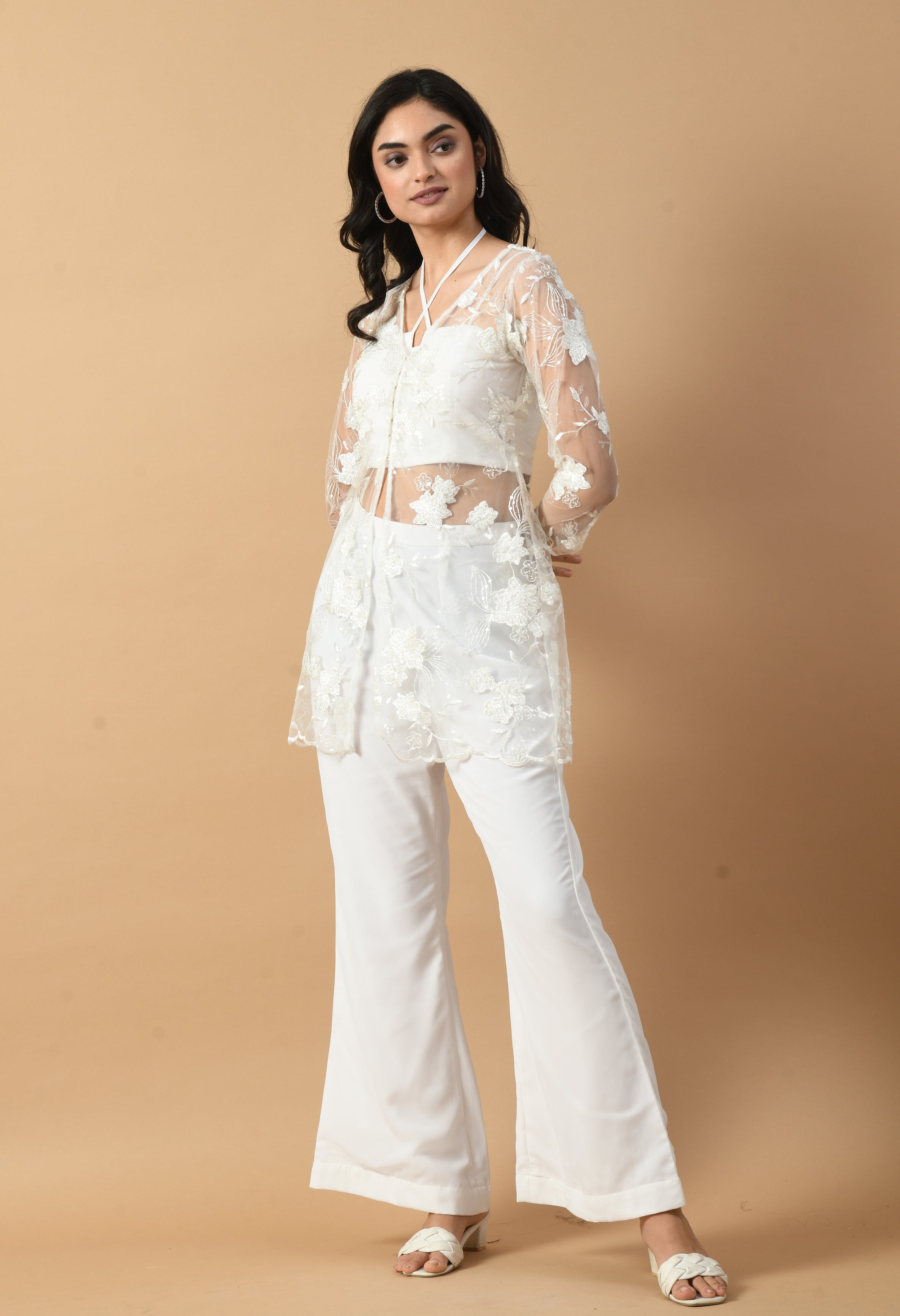 White Embroidered Shrug with Crop Top & Trouser