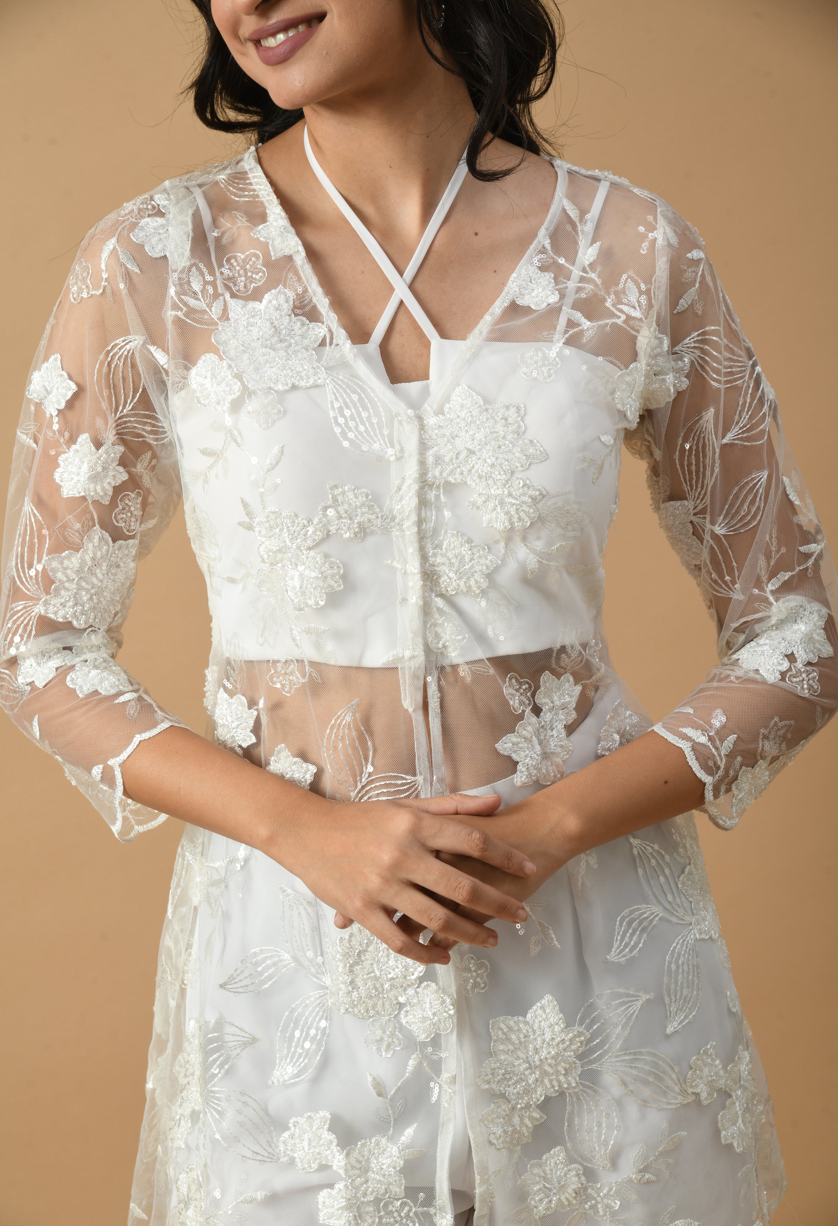 White Embroidered Shrug with Crop Top & Trouser