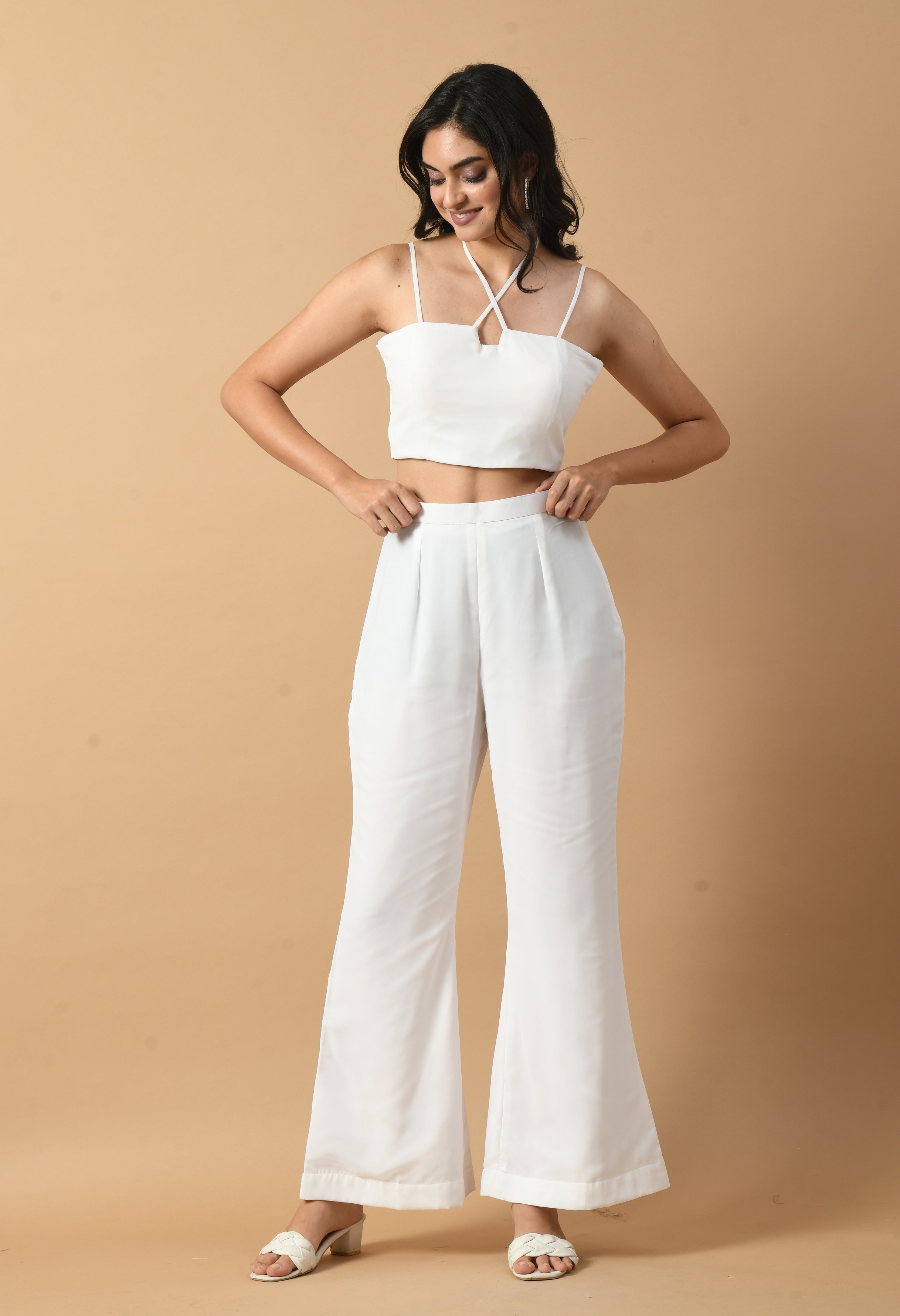 White Embroidered Shrug with Crop Top & Trouser