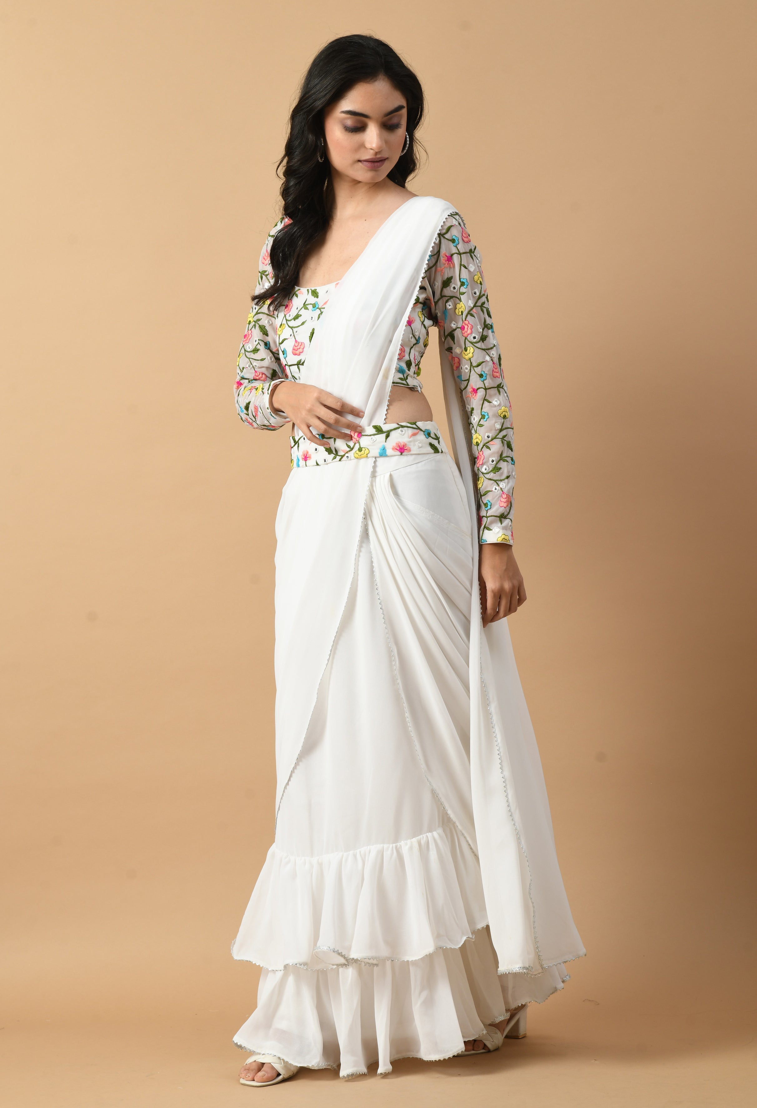 White Georgette Drape Saree